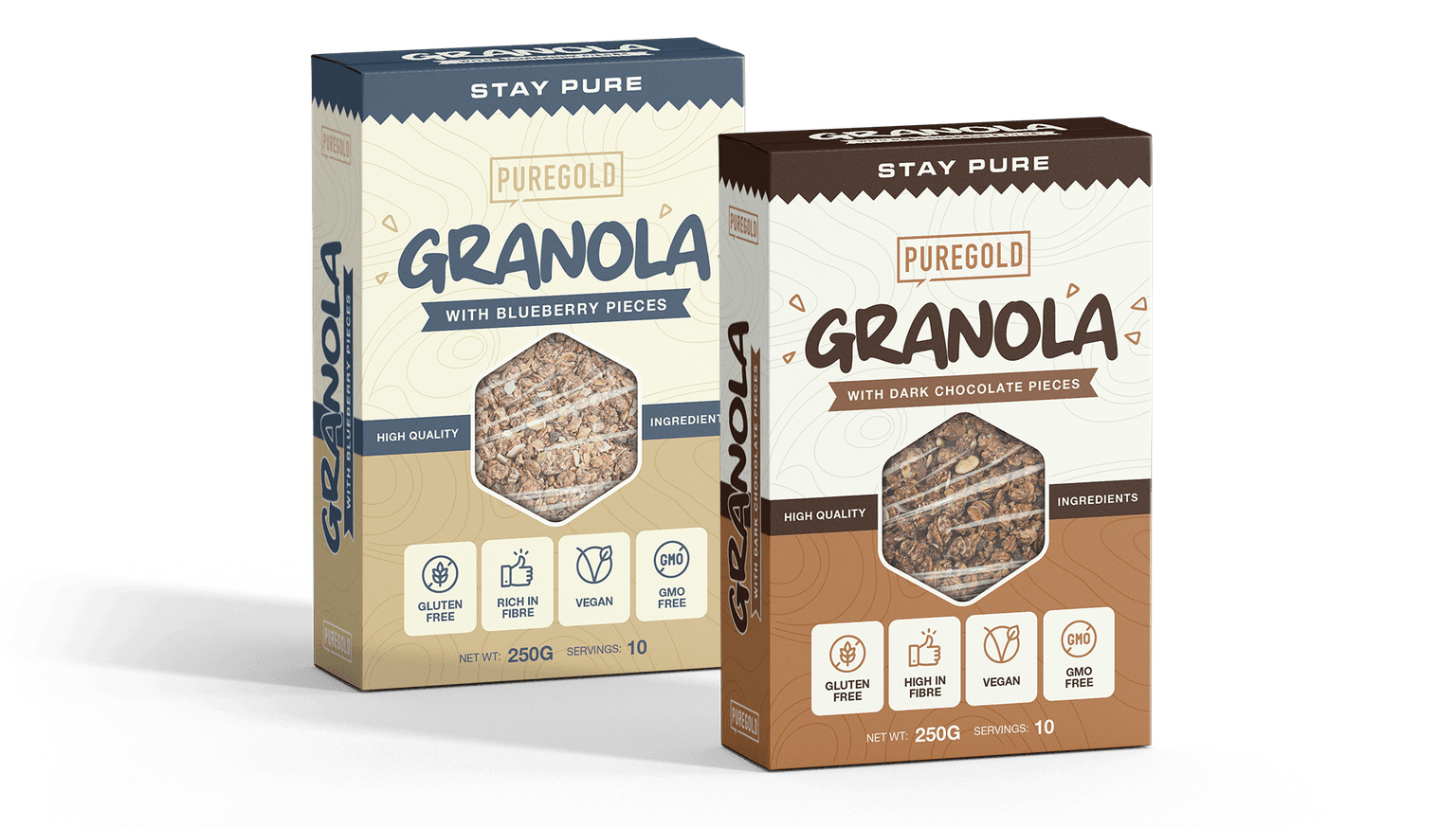 Pure Gold Granola boxes